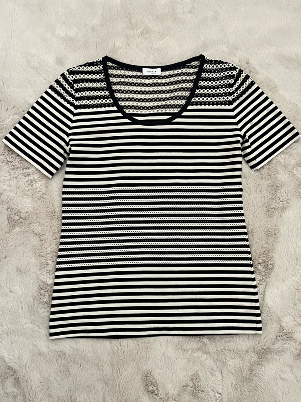 AKRIS Punto Black White Striped Knit Mesh Shoulder Short Sleeve Top